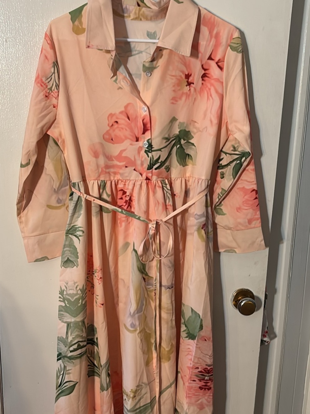 Floral Tie-Waist Shirt Dress - Peach Floral